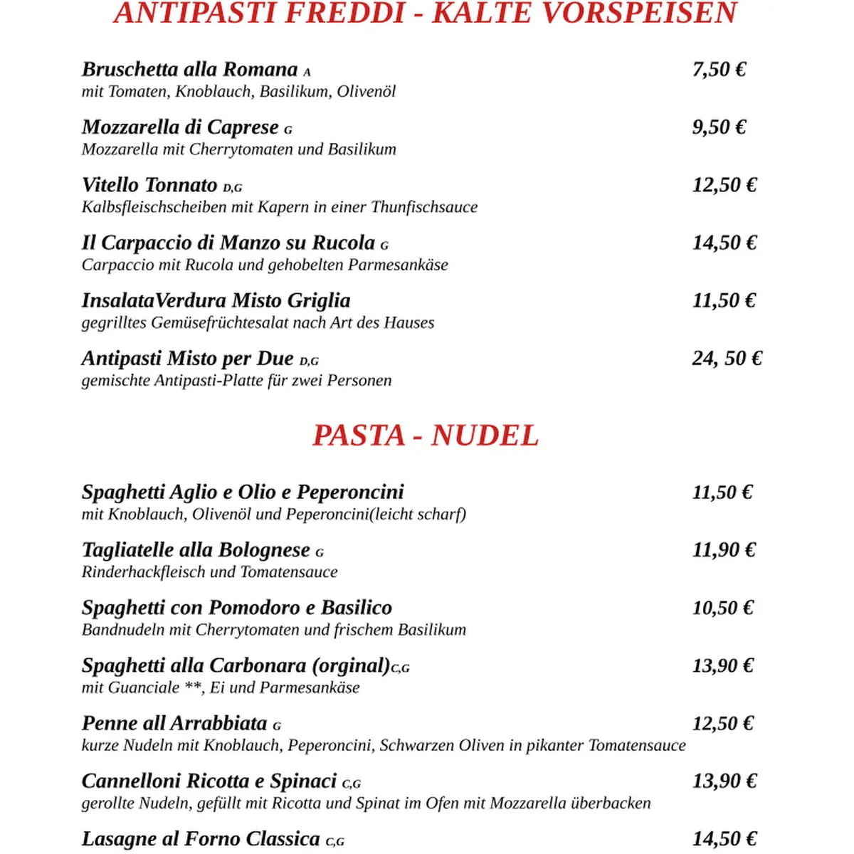 Speisekarte, Trattoria IL Giardino