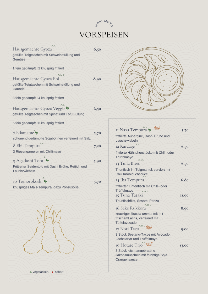 Speisekarte, Mori Moto Restaurant