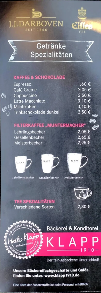 Speisekarte, Manubacktur KLAPP1910 Wickede Markt Bäckerei Konditorei Café