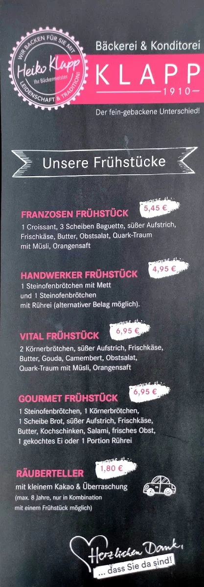 Speisekarte, Manubacktur KLAPP1910 Wickede Markt Bäckerei Konditorei Café