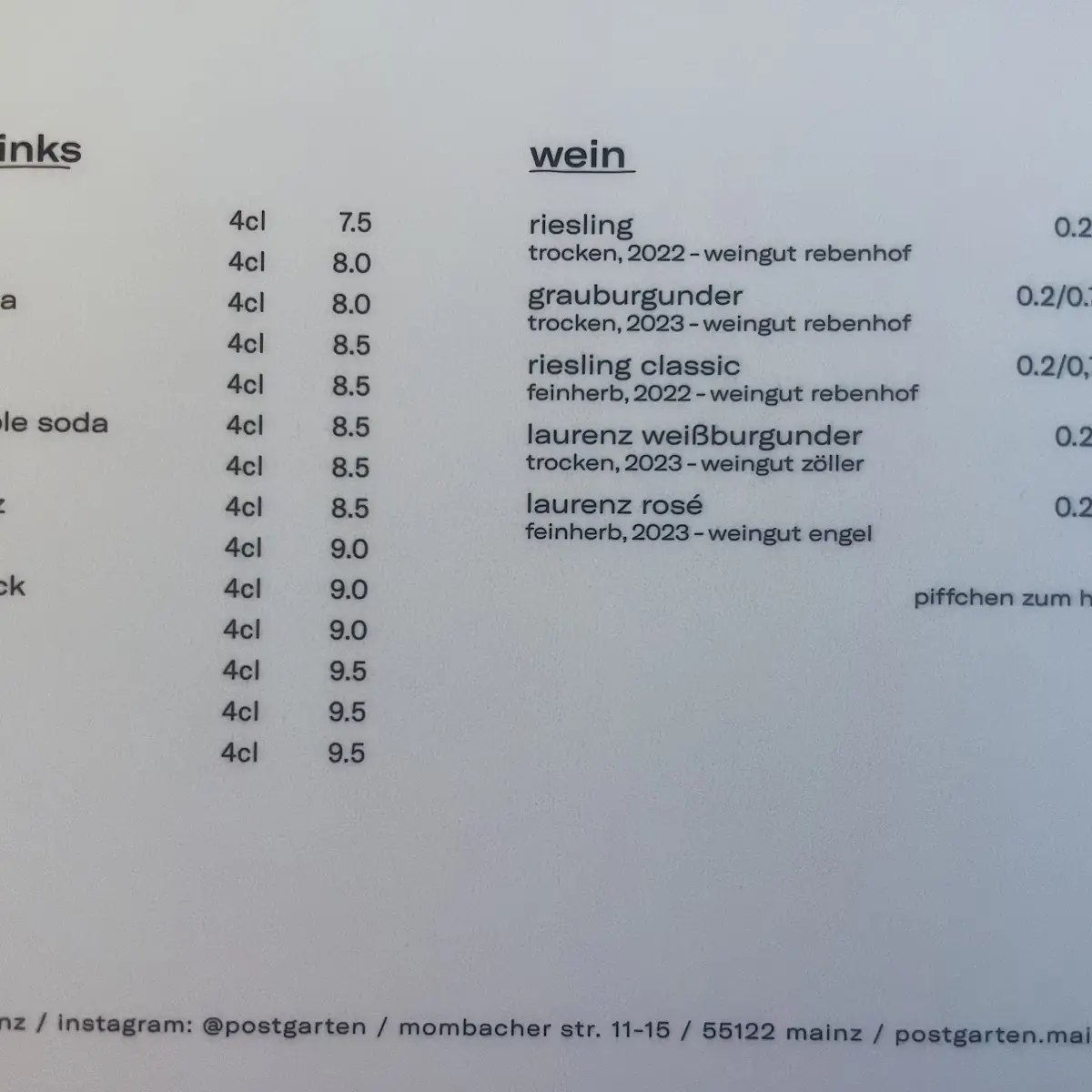 Speisekarte, Postgarten Mainz