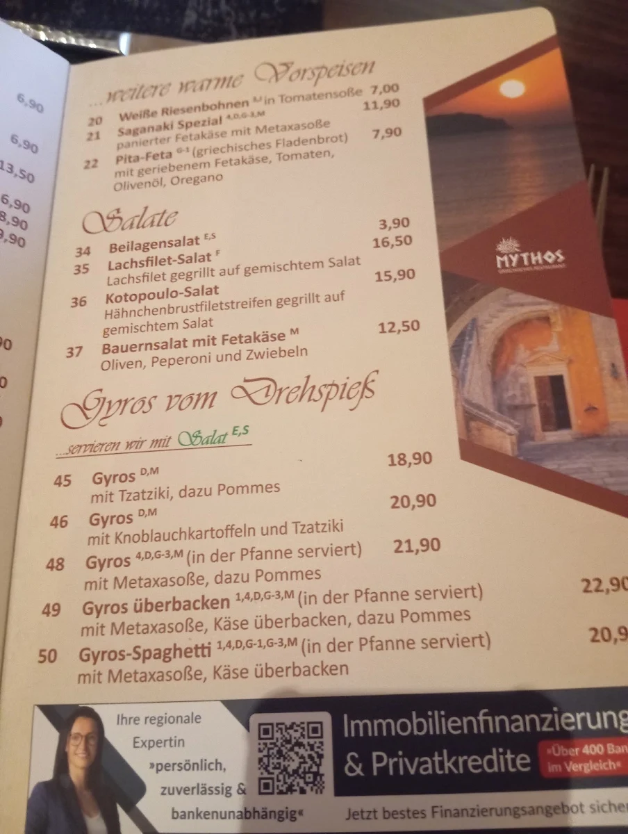Speisekarte, Griechisches Restaurant Mythos