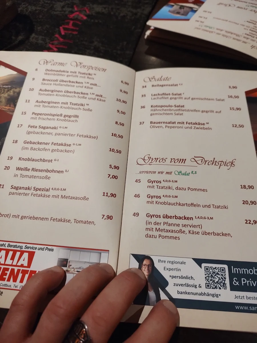 Speisekarte, Griechisches Restaurant Mythos