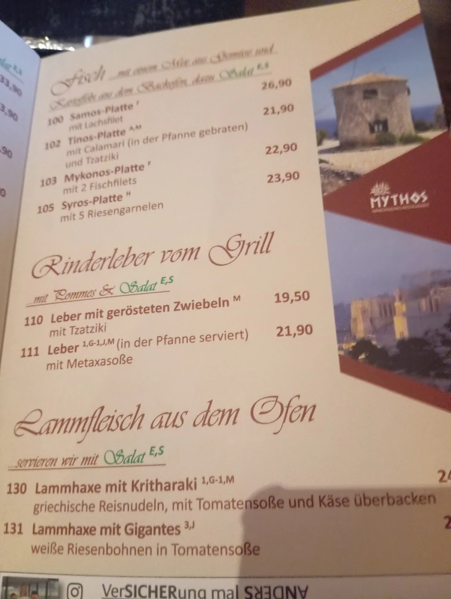 Speisekarte, Griechisches Restaurant Mythos