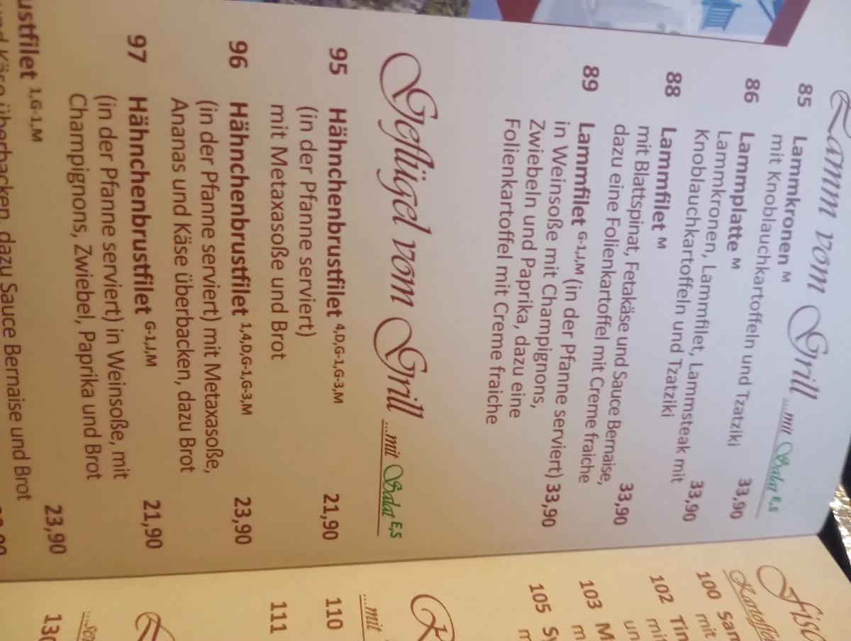 Speisekarte, Griechisches Restaurant Mythos