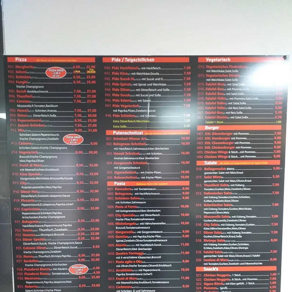 Speisekarte, City Döner Pizzaria