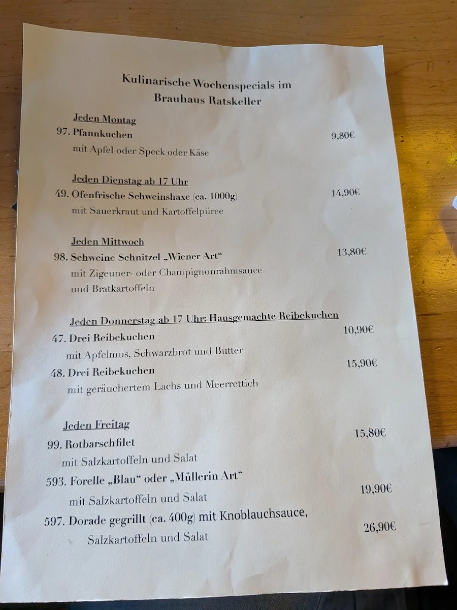 Speisekarte, Brauhaus Ratskeller