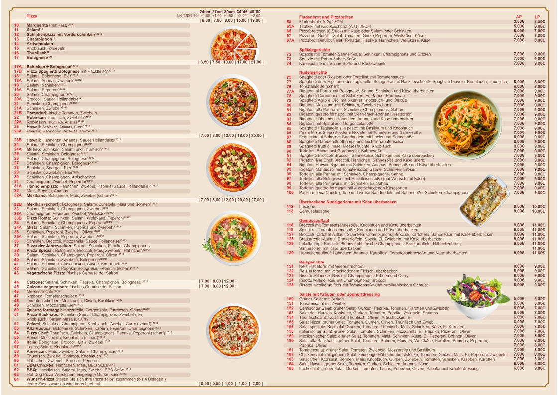 Speisekarte, Pizza Backhaus