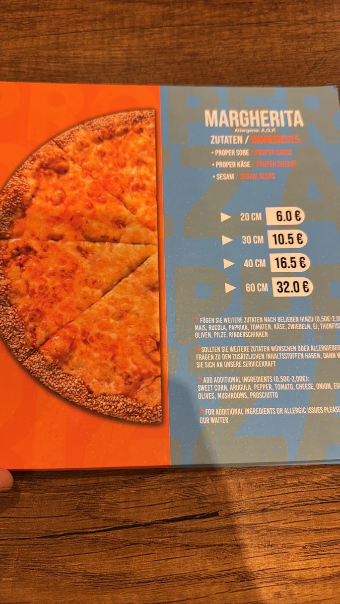 Speisekarte, Proper Pizza München