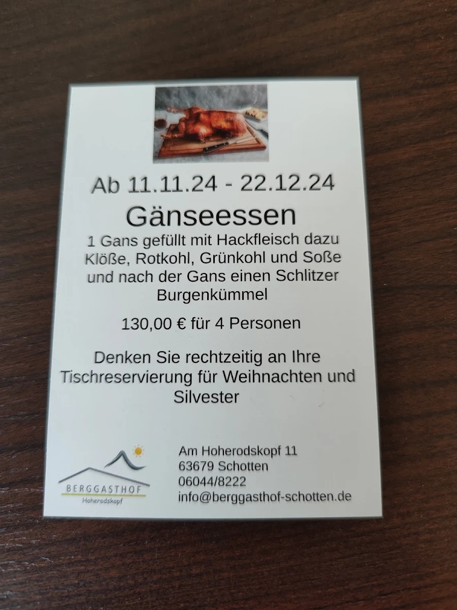 Speisekarte, Berggasthof Hoherodskopf