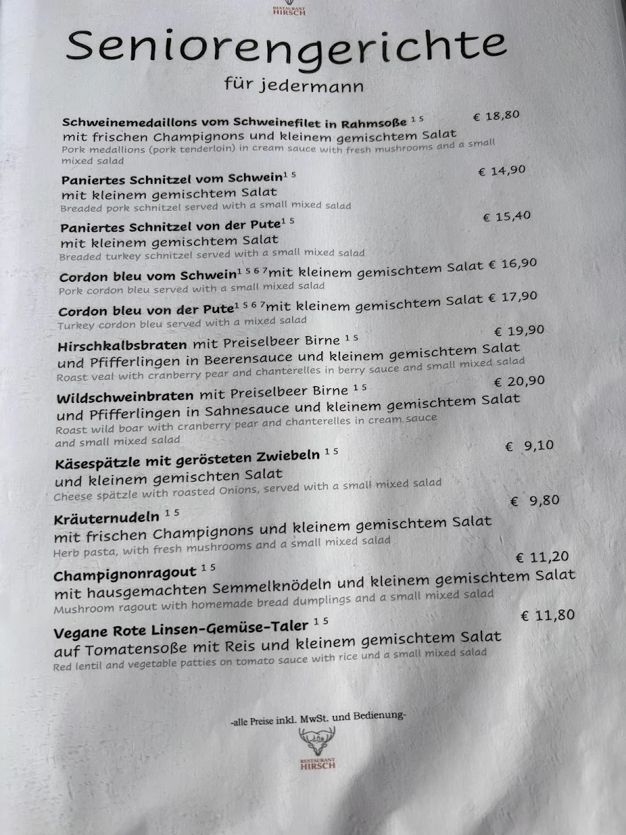 Speisekarte, Restaurant Hirsch