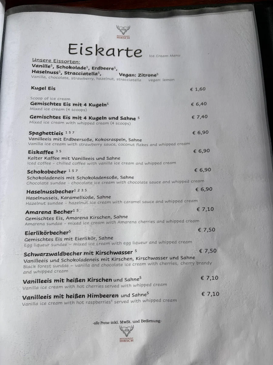 Speisekarte, Restaurant Hirsch