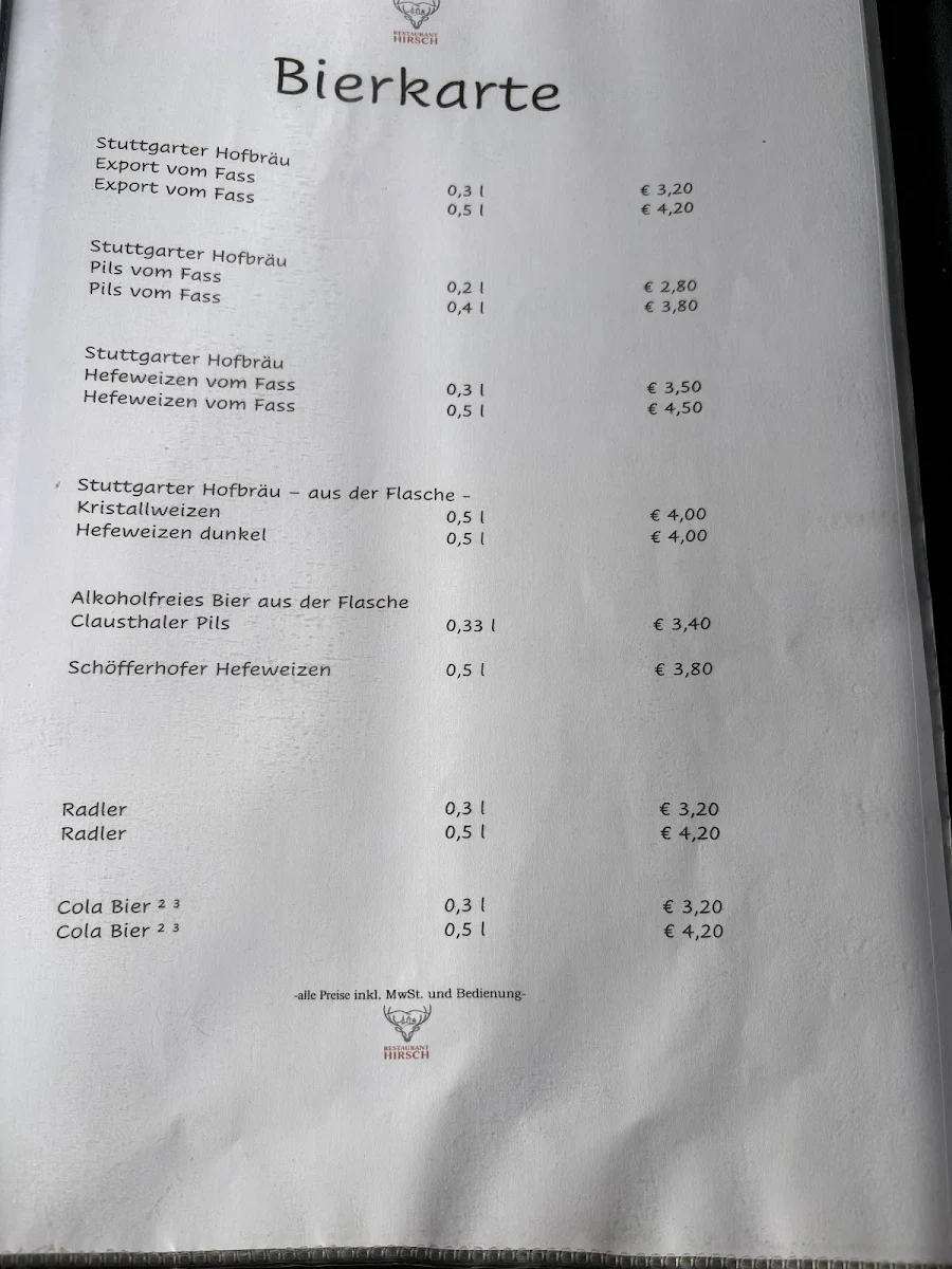 Speisekarte, Restaurant Hirsch