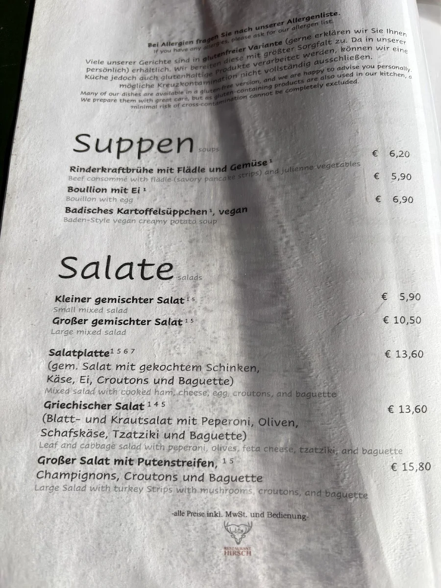 Speisekarte, Restaurant Hirsch