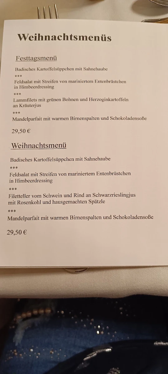 Speisekarte, Restaurant Hirsch