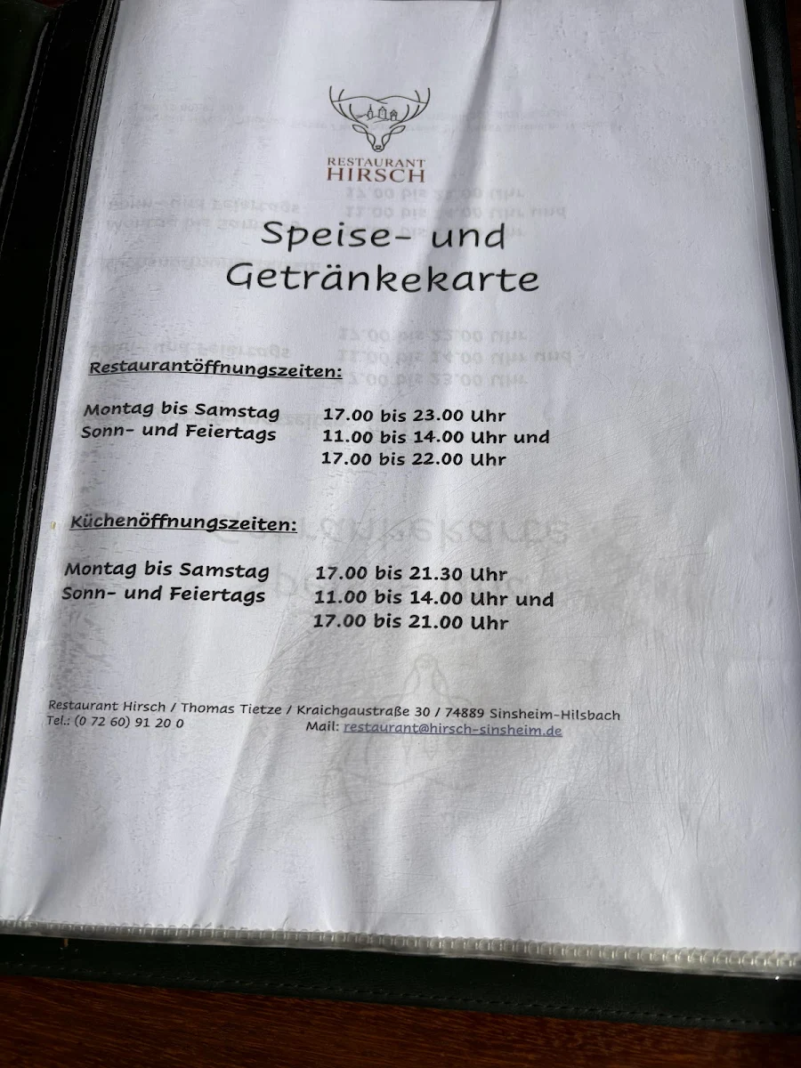 Speisekarte, Restaurant Hirsch