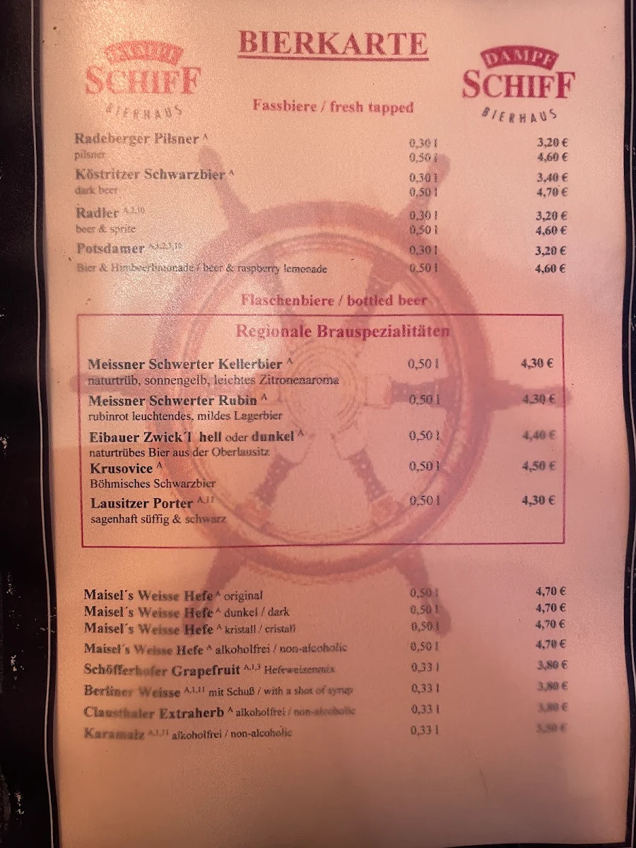 Speisekarte, Bierhaus Dampfschiff