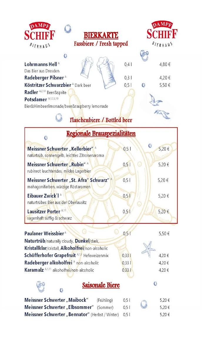 Speisekarte, Bierhaus Dampfschiff