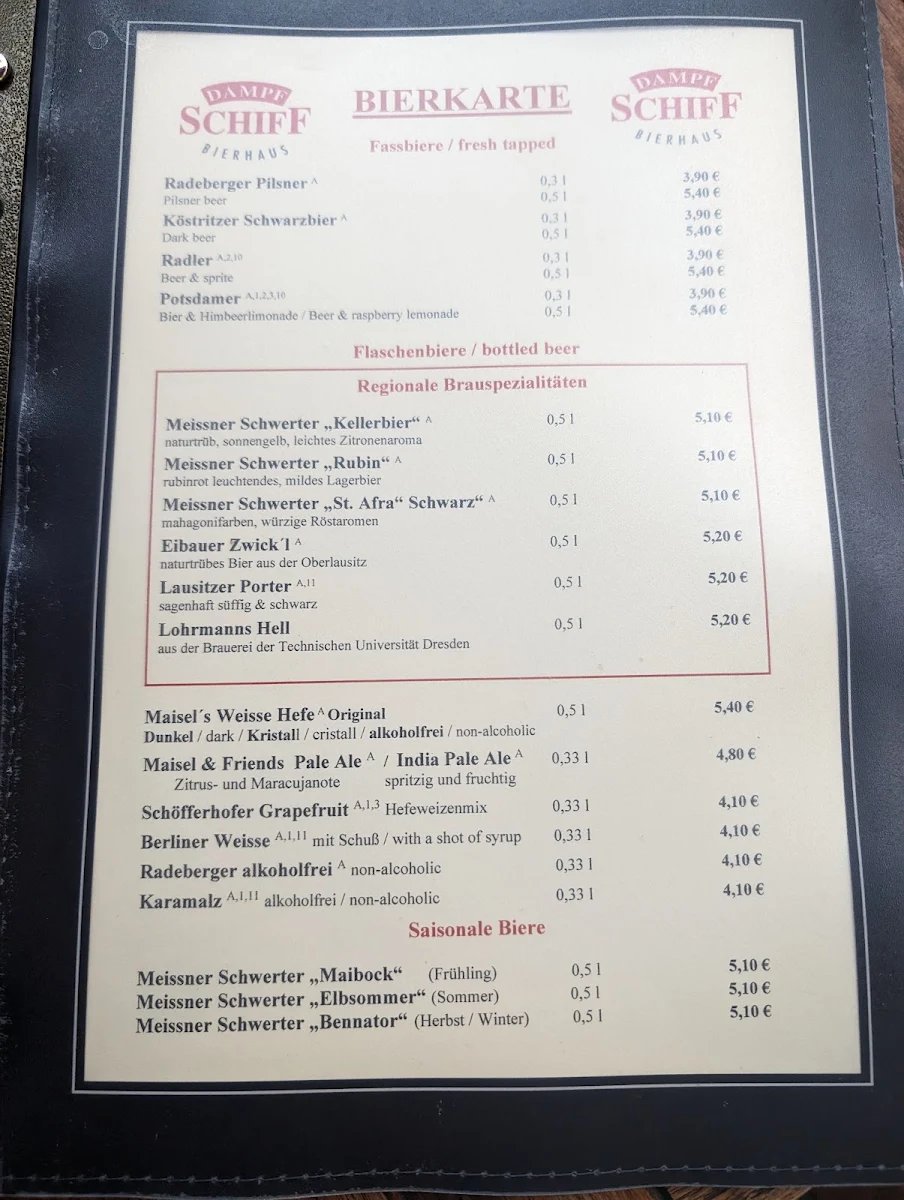 Speisekarte, Bierhaus Dampfschiff