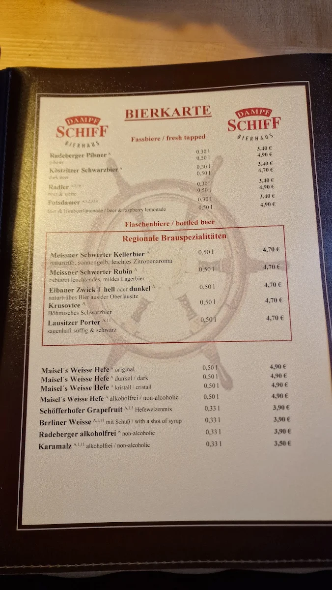 Speisekarte, Bierhaus Dampfschiff