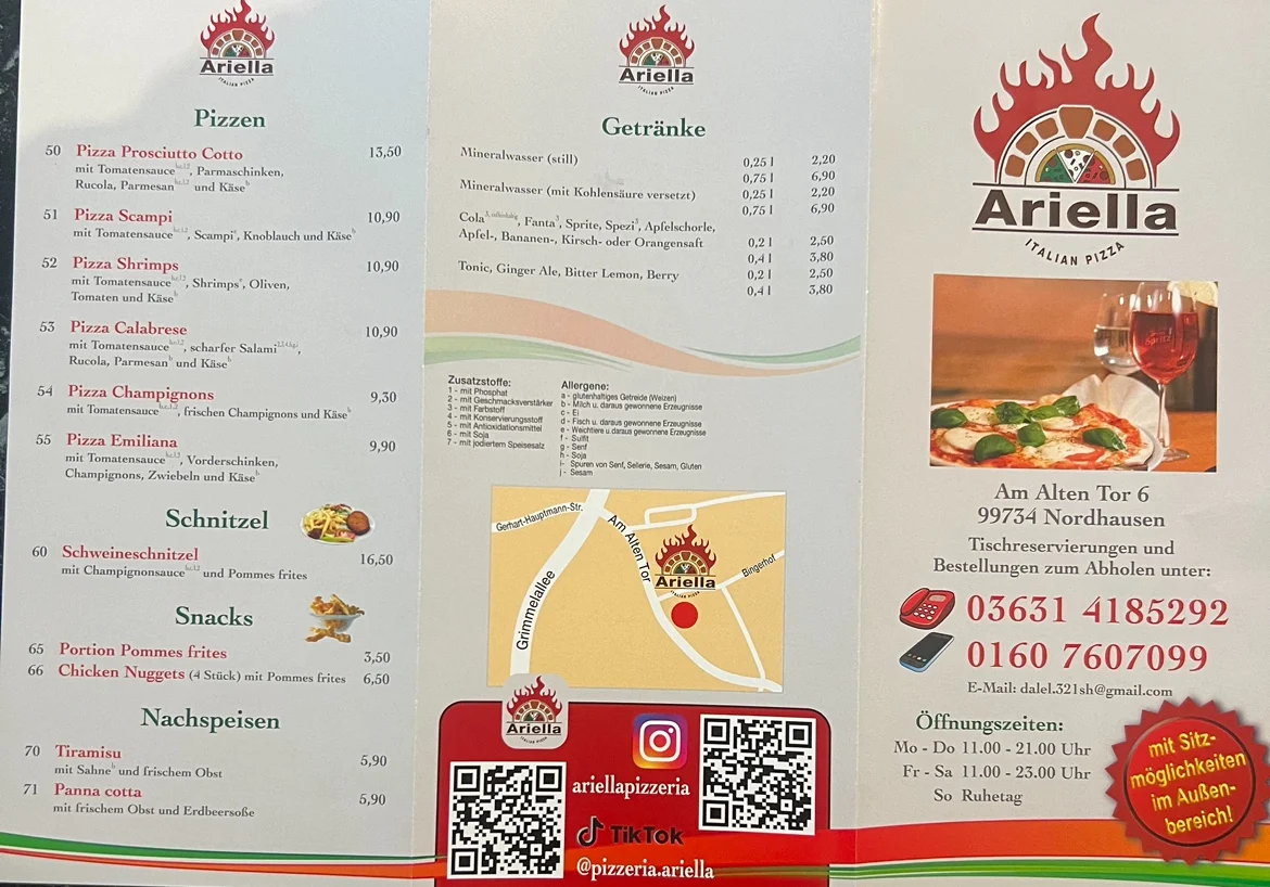 Speisekarte, Ariella Restaurant