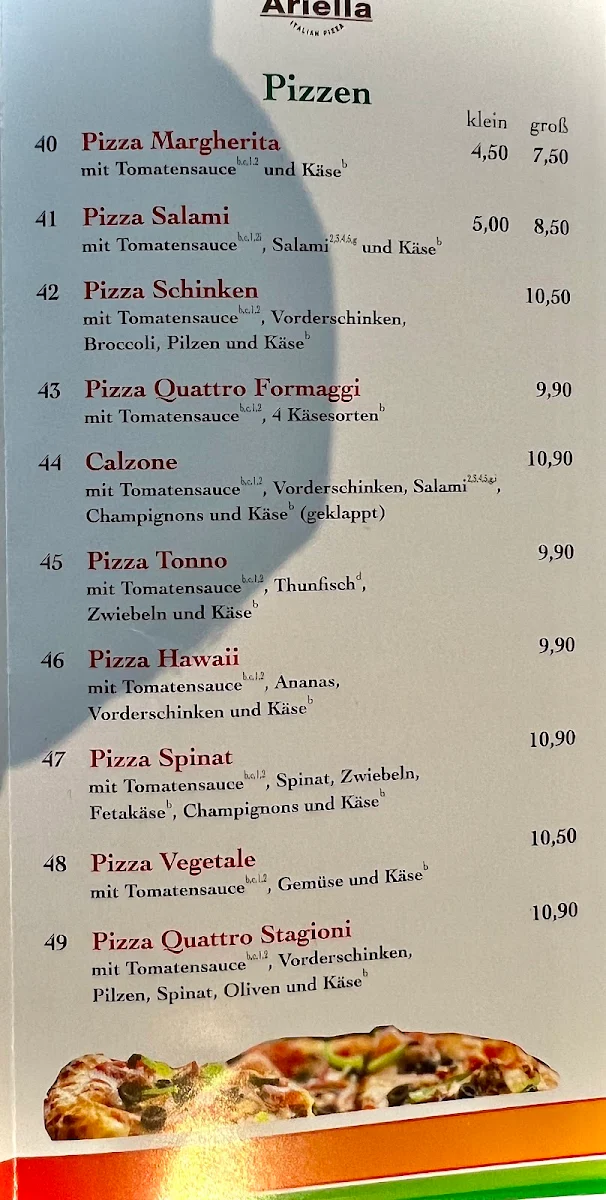 Speisekarte, Ariella Restaurant