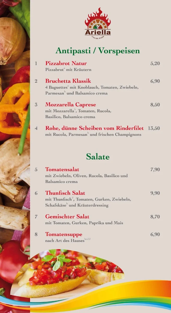 Speisekarte, Ariella Restaurant