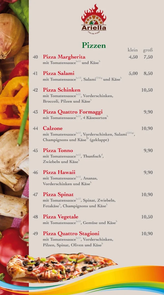 Speisekarte, Ariella Restaurant