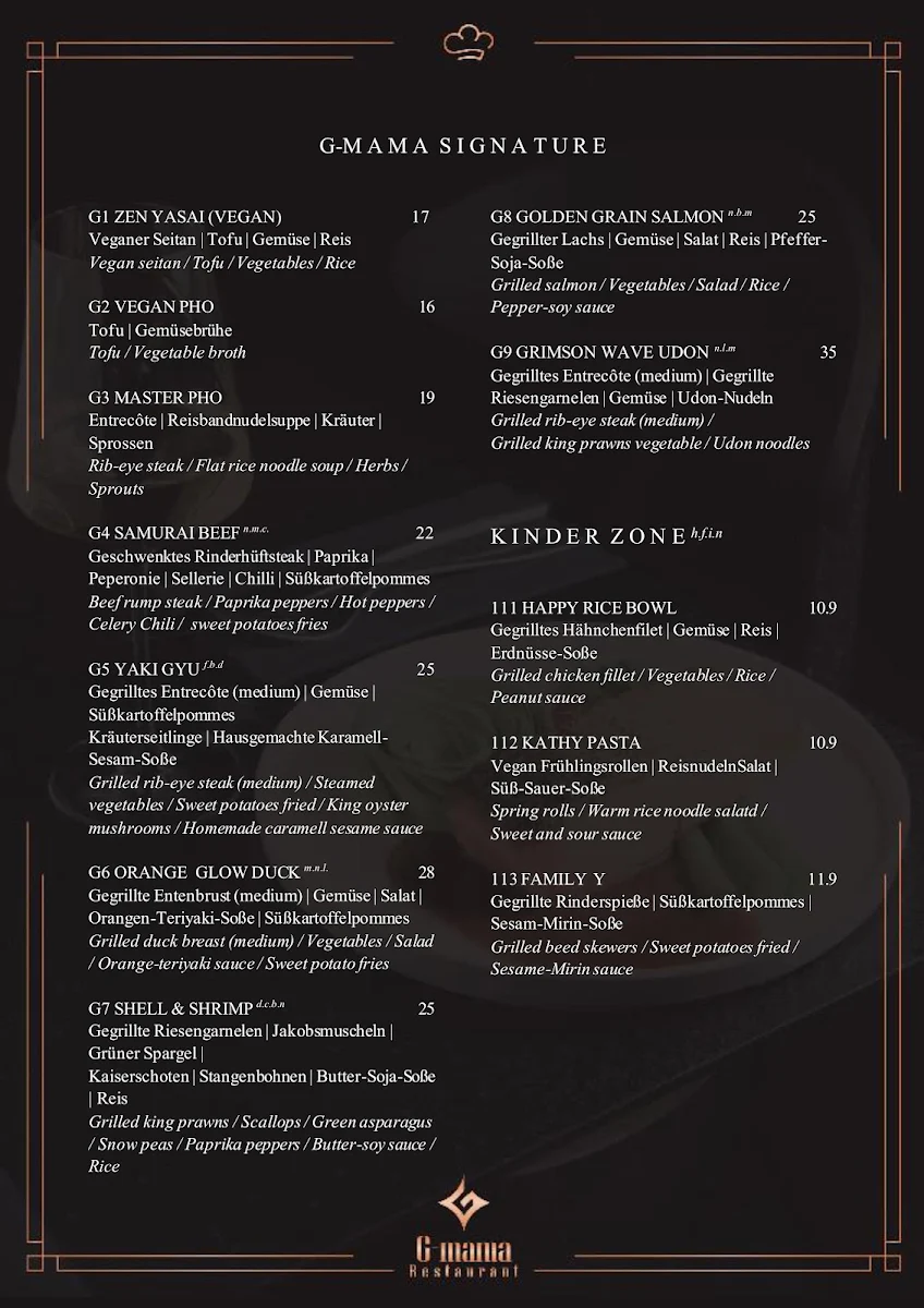 Speisekarte, G-mama Restaurant