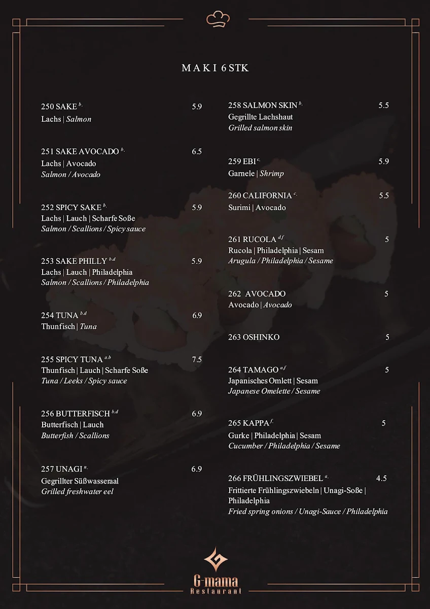 Speisekarte, G-mama Restaurant