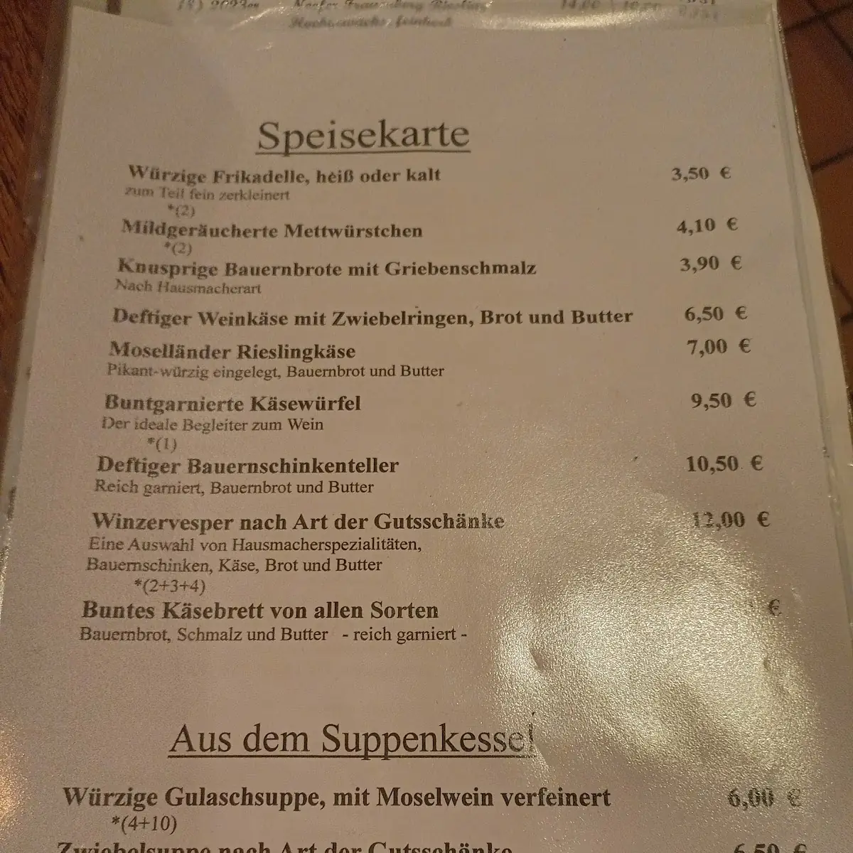 Speisekarte, Alte Gutsschänke