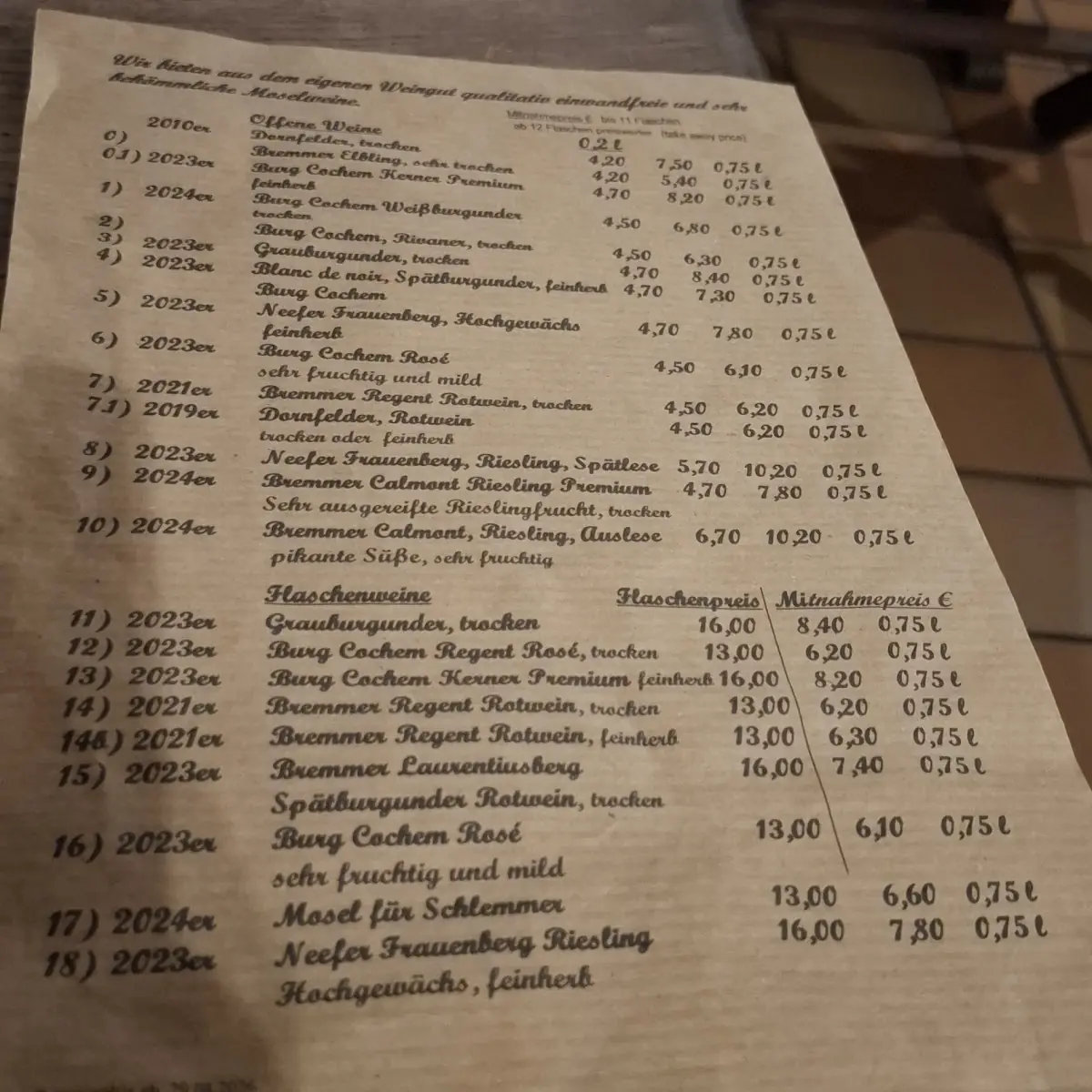 Speisekarte, Alte Gutsschänke