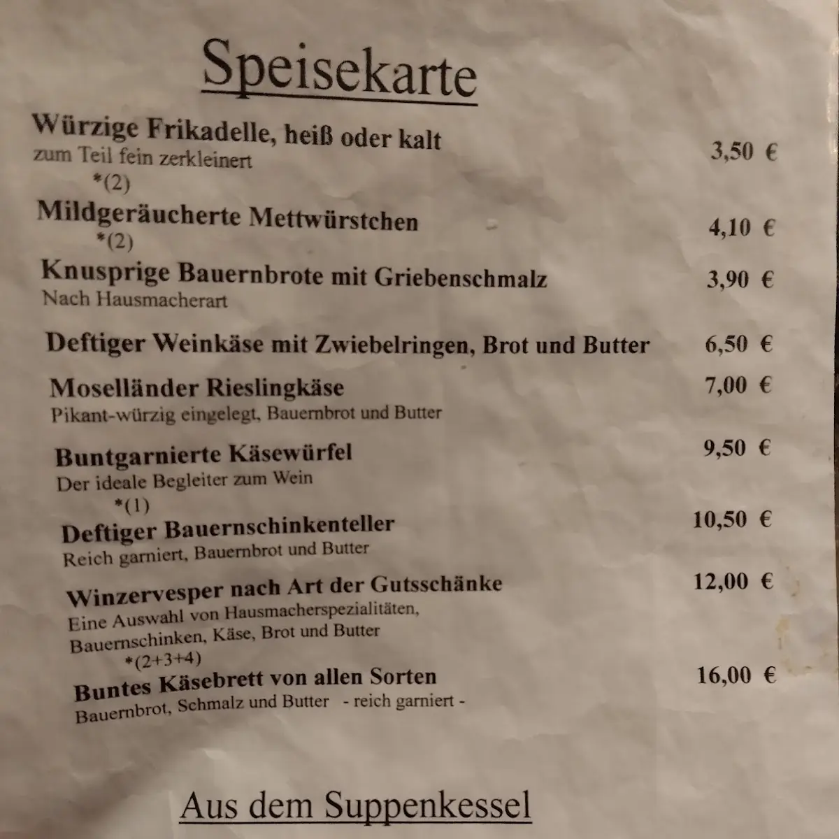Speisekarte, Alte Gutsschänke