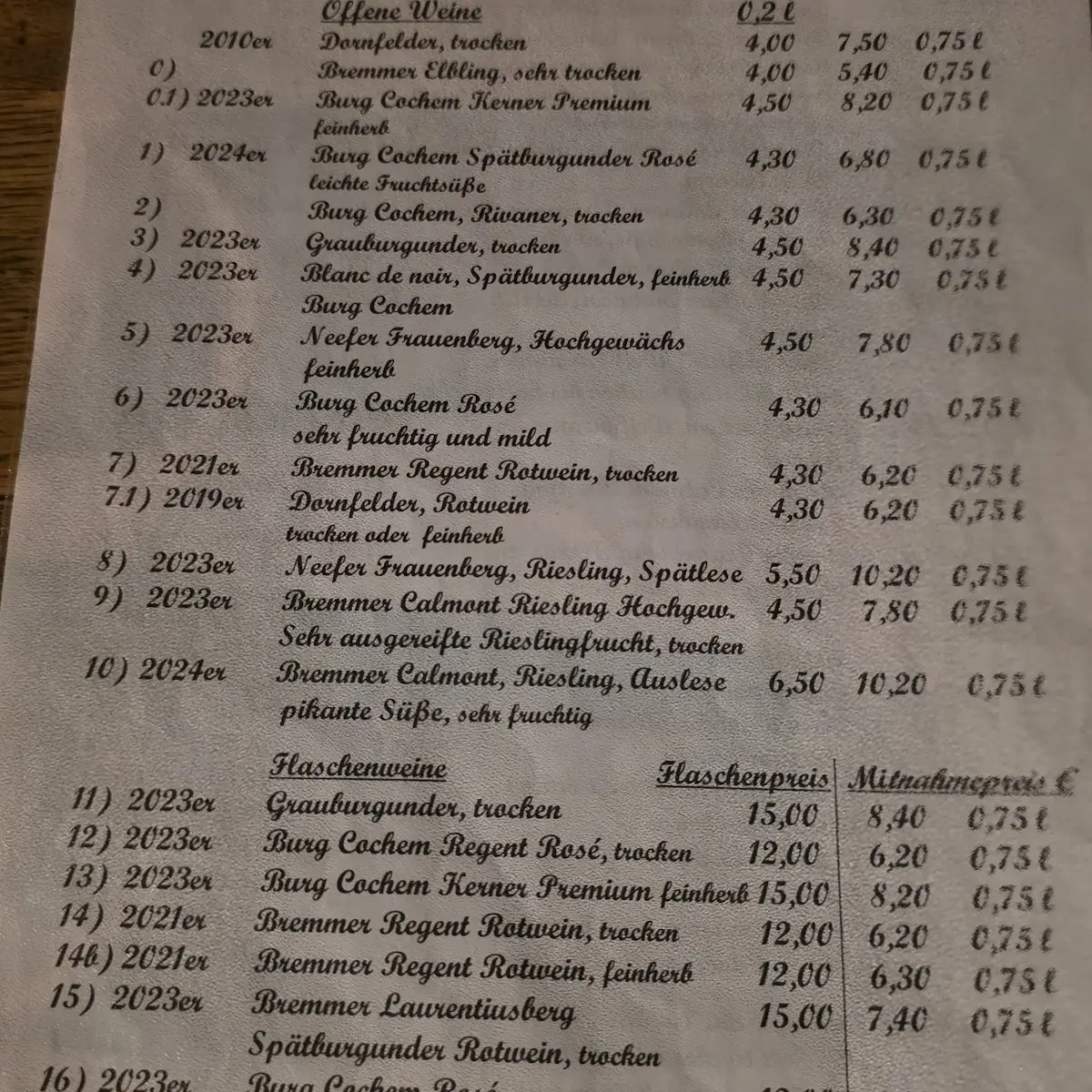 Speisekarte, Alte Gutsschänke