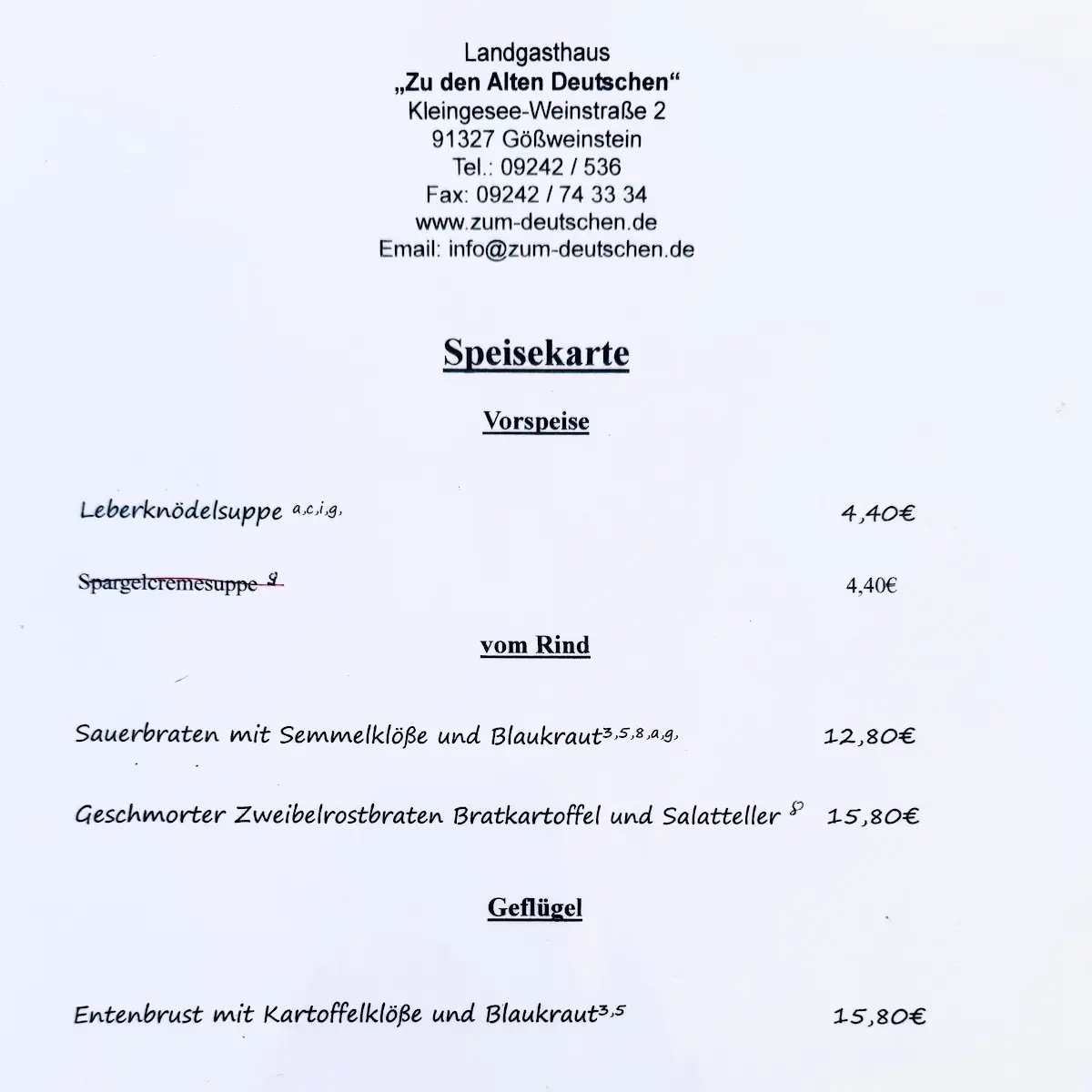 Speisekarte, Landgasthaus der Alten Deutschen - Magda Hofmann