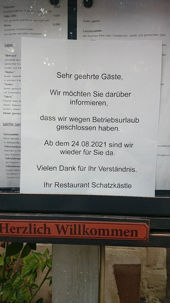Speisekarte, Restaurant Schatzkästle