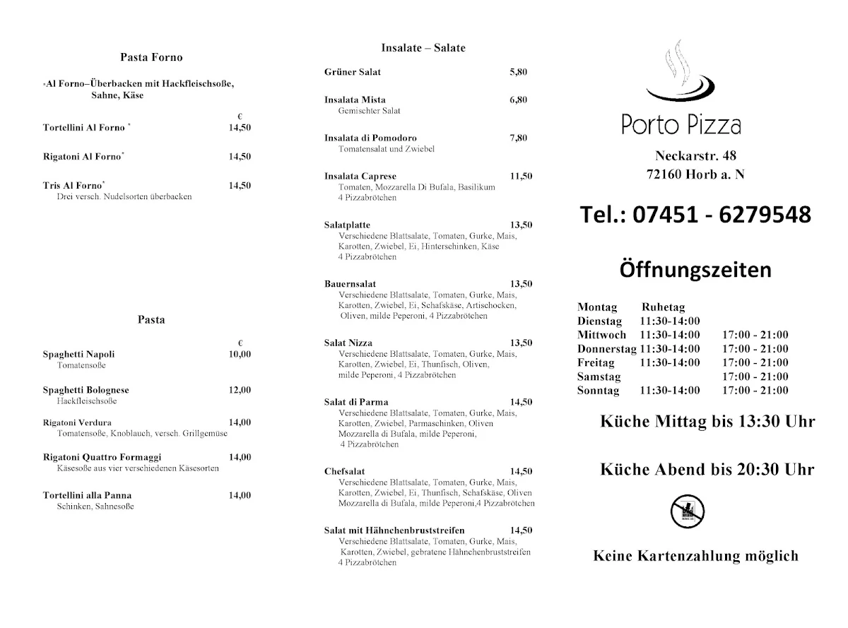 Speisekarte, Porto Pizza
