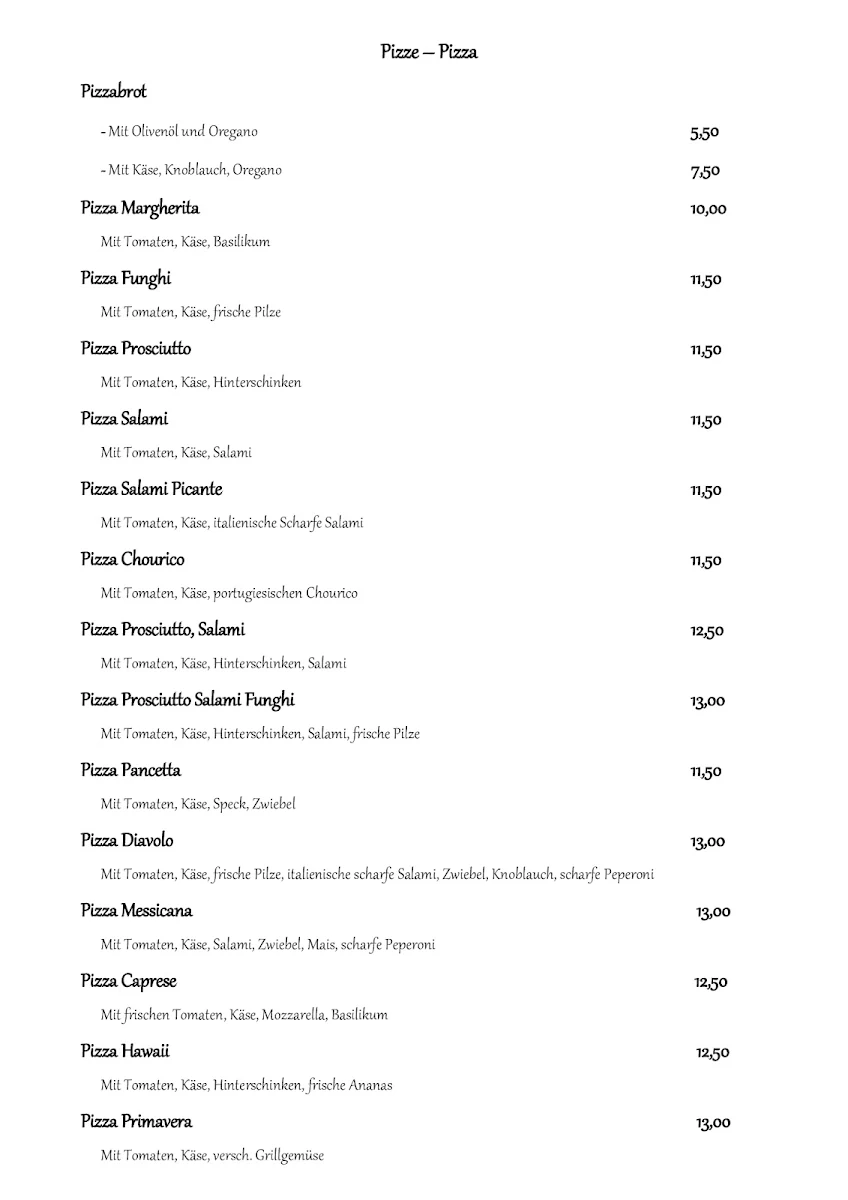 Speisekarte, Porto Pizza