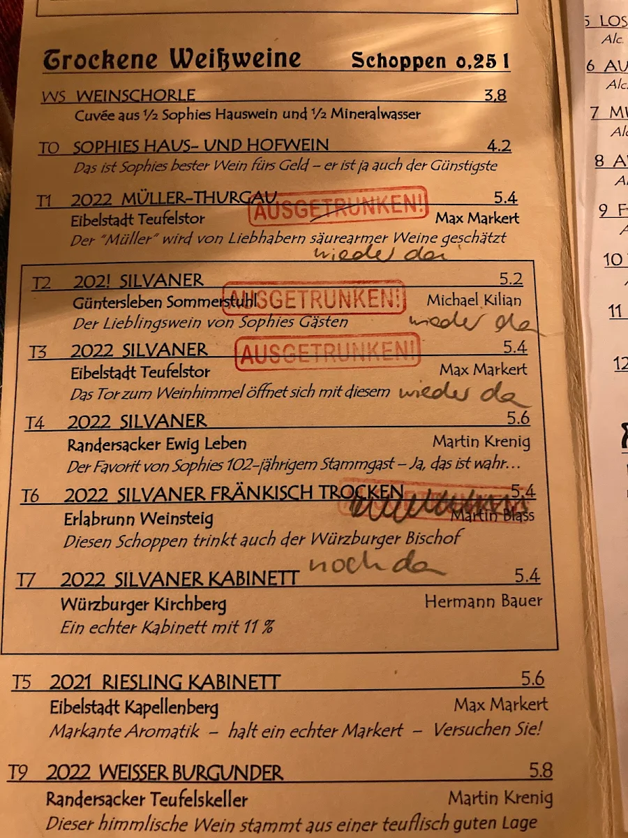 Speisekarte, SophienBäck
