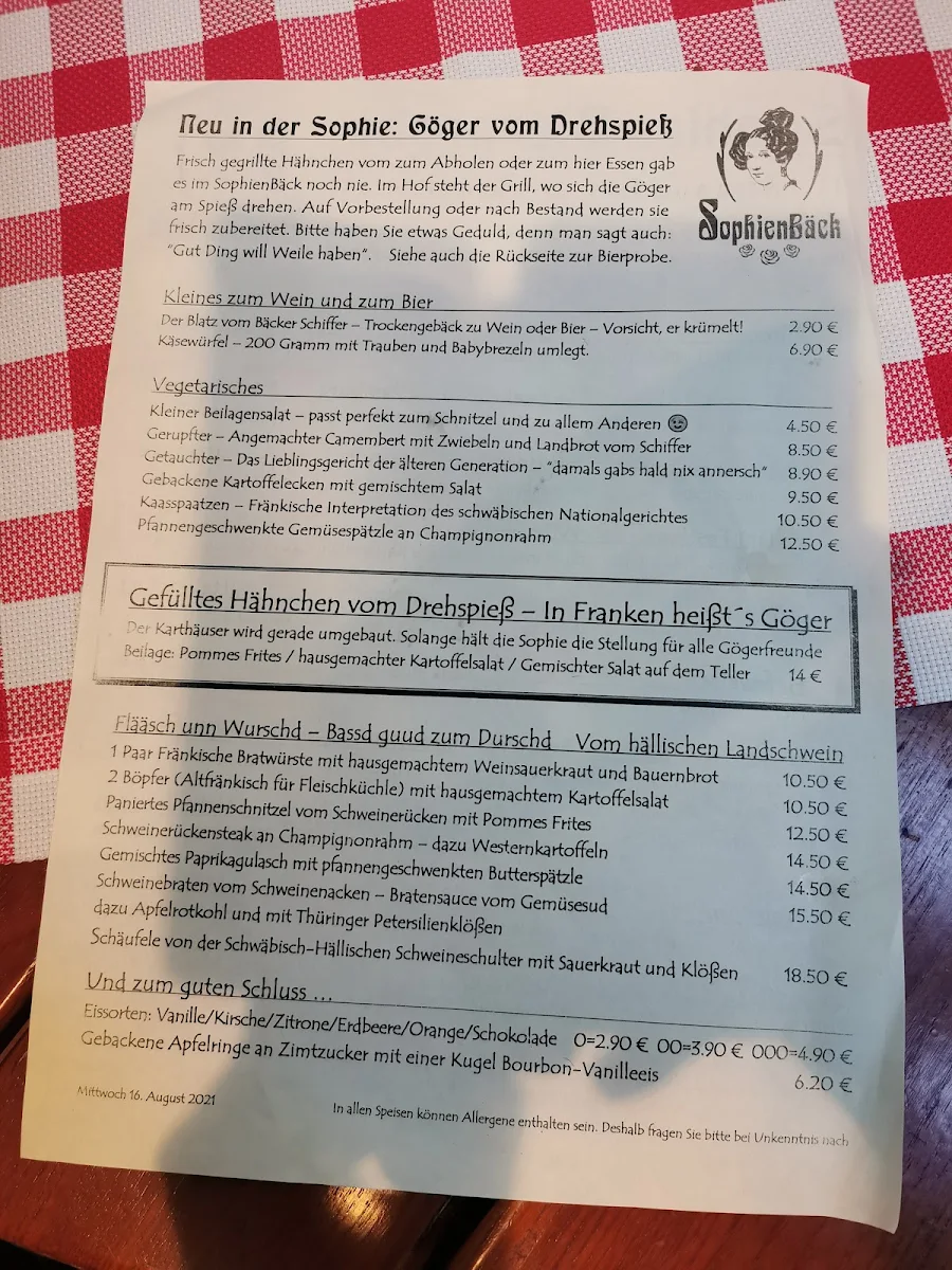 Speisekarte, SophienBäck