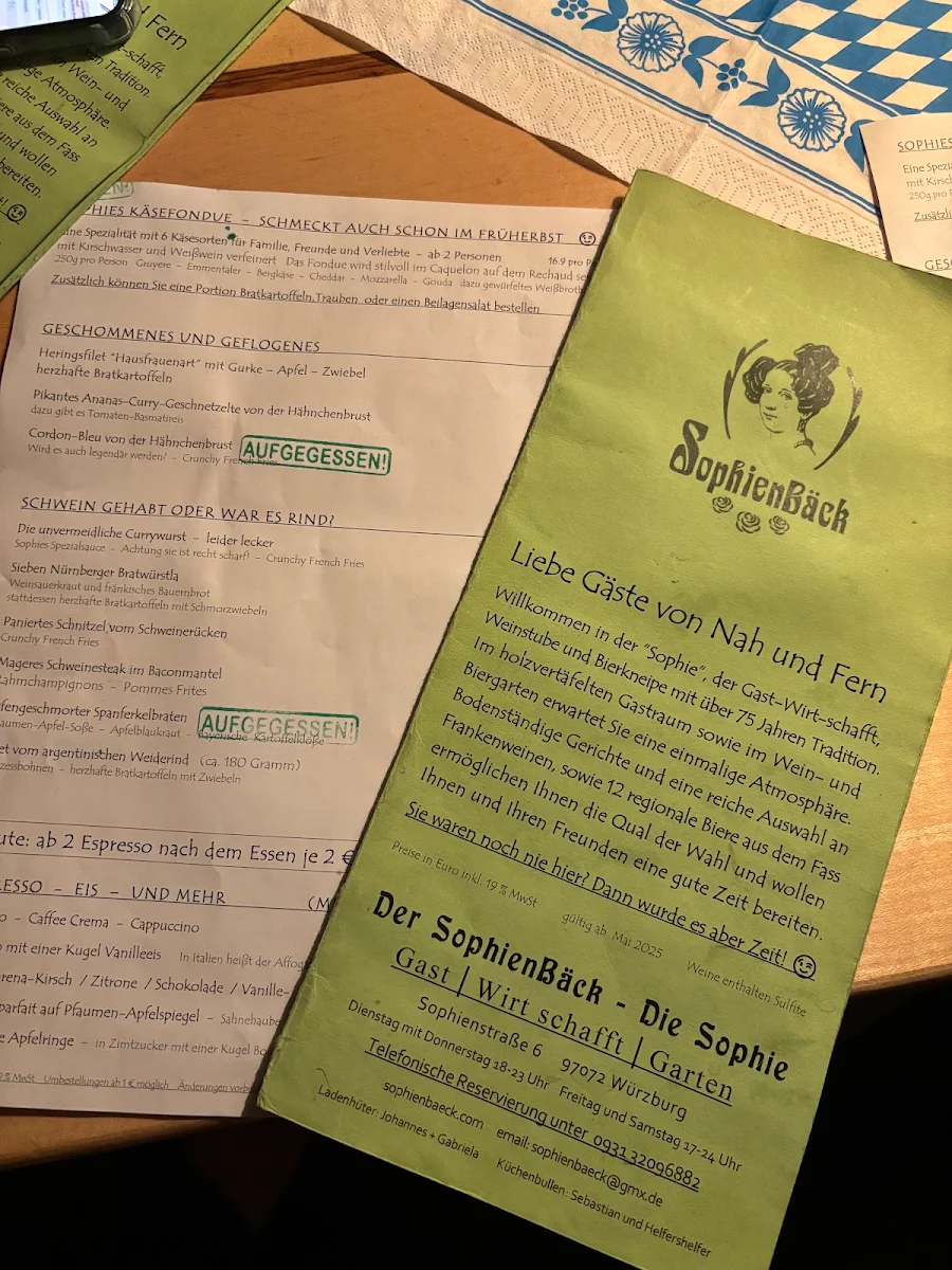 Speisekarte, SophienBäck