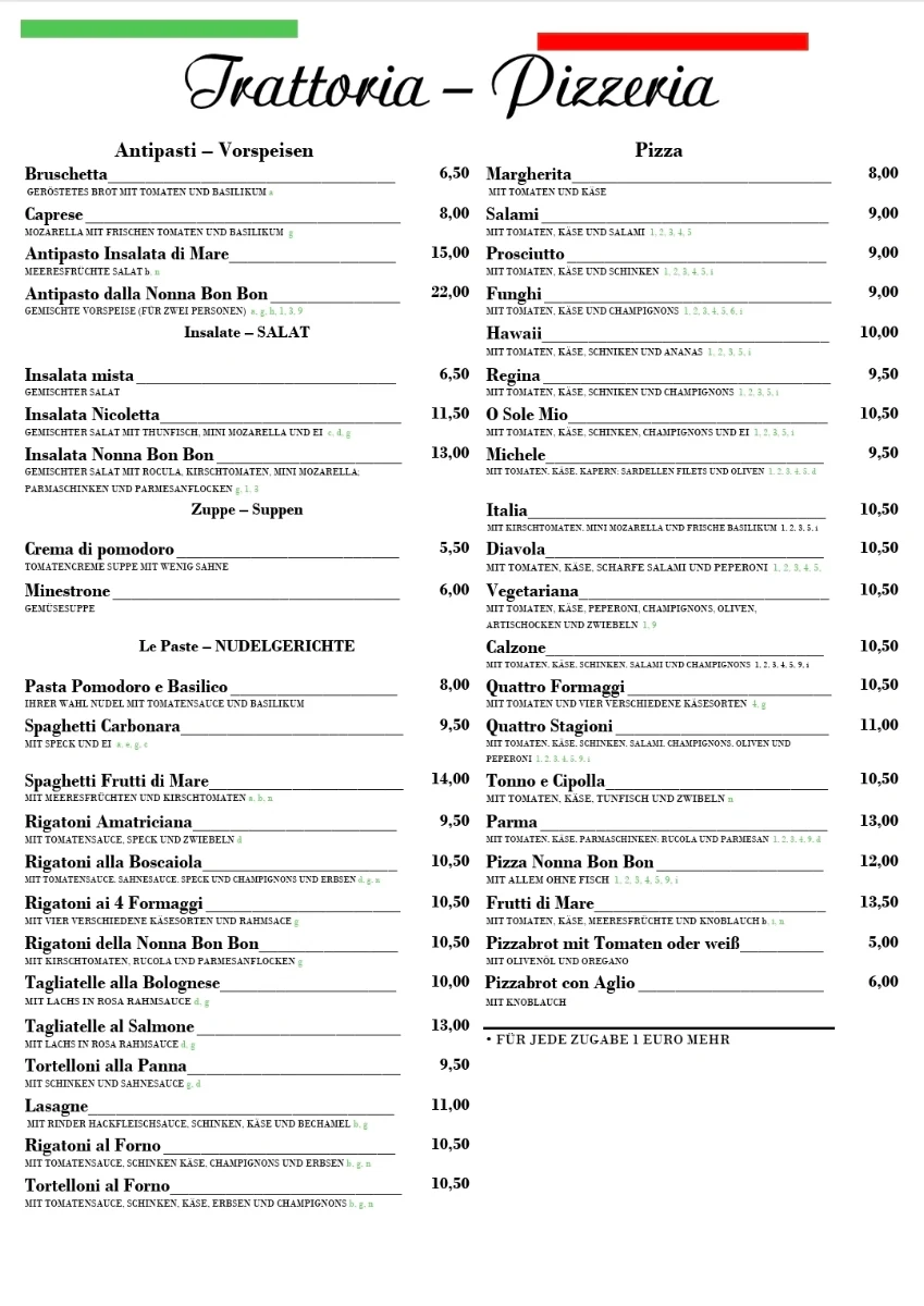 Speisekarte, Trattoria Pizzeria dalla Nonna
