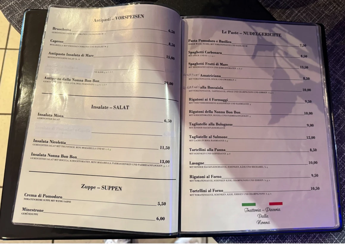 Speisekarte, Trattoria Pizzeria dalla Nonna