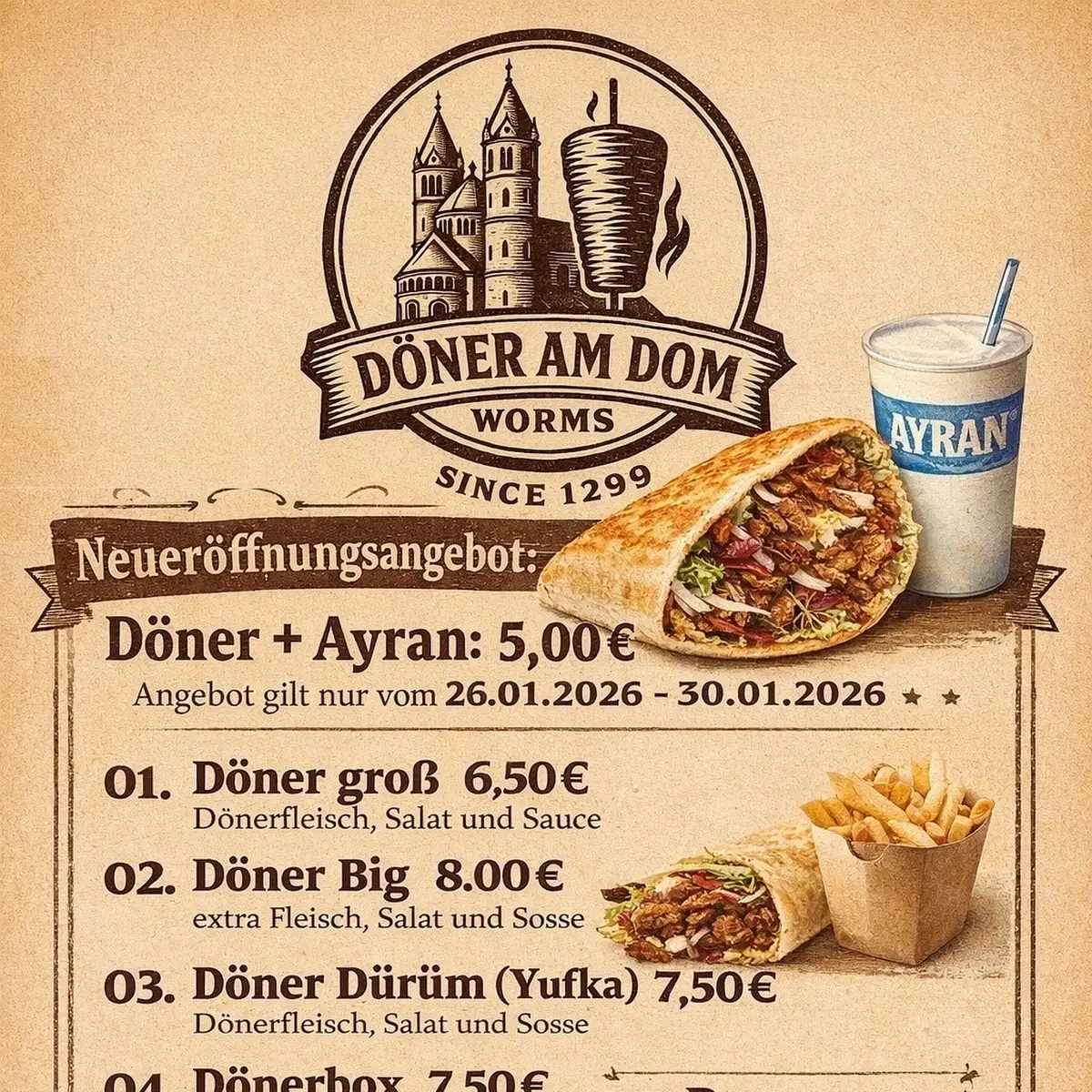 Speisekarte, Döner am Dom