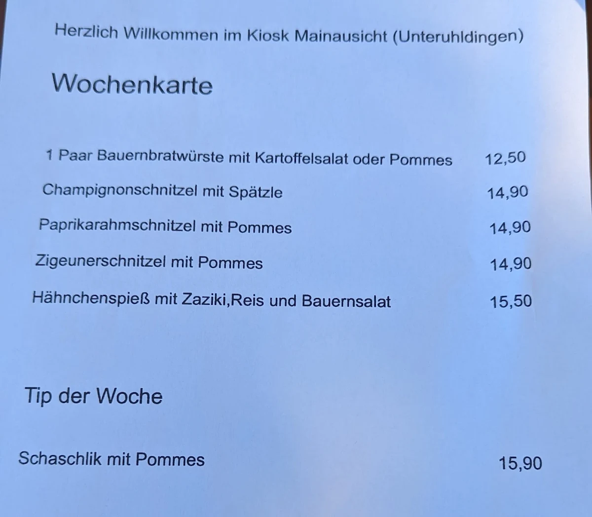 Speisekarte, Kiosk Mainausicht