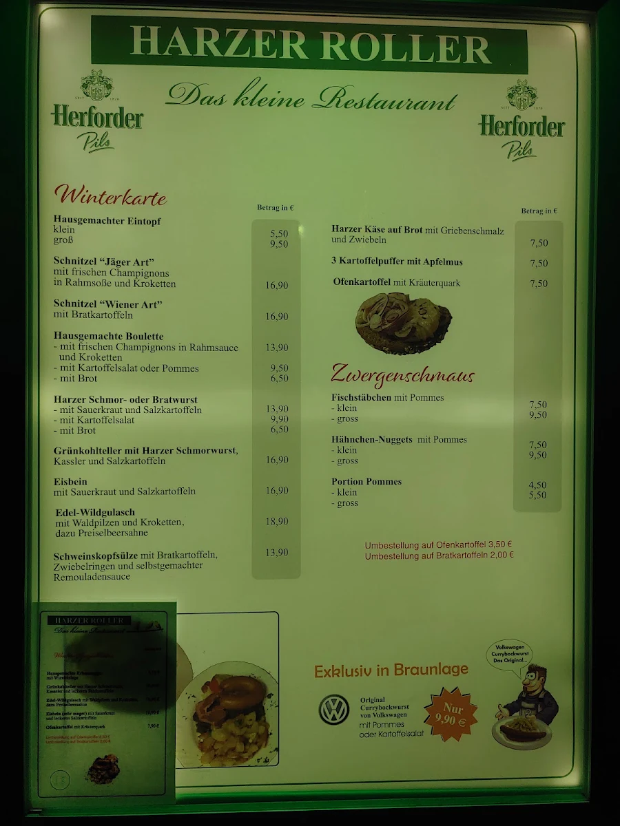 Speisekarte, Zum Harzer Roller