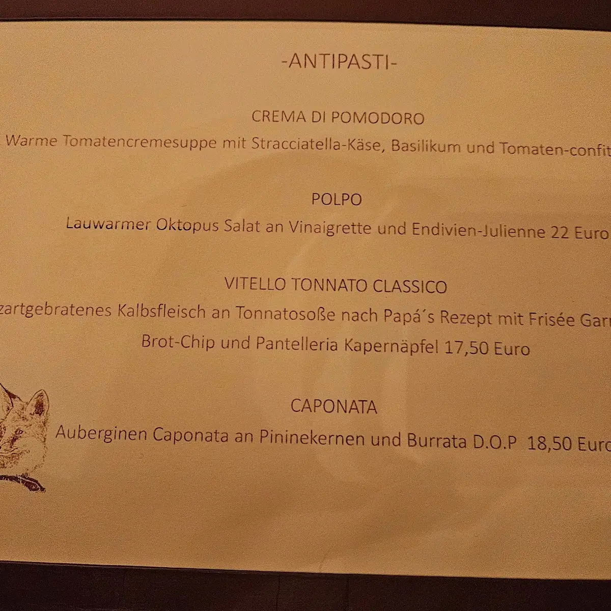 Speisekarte, Ristorante la Volpe