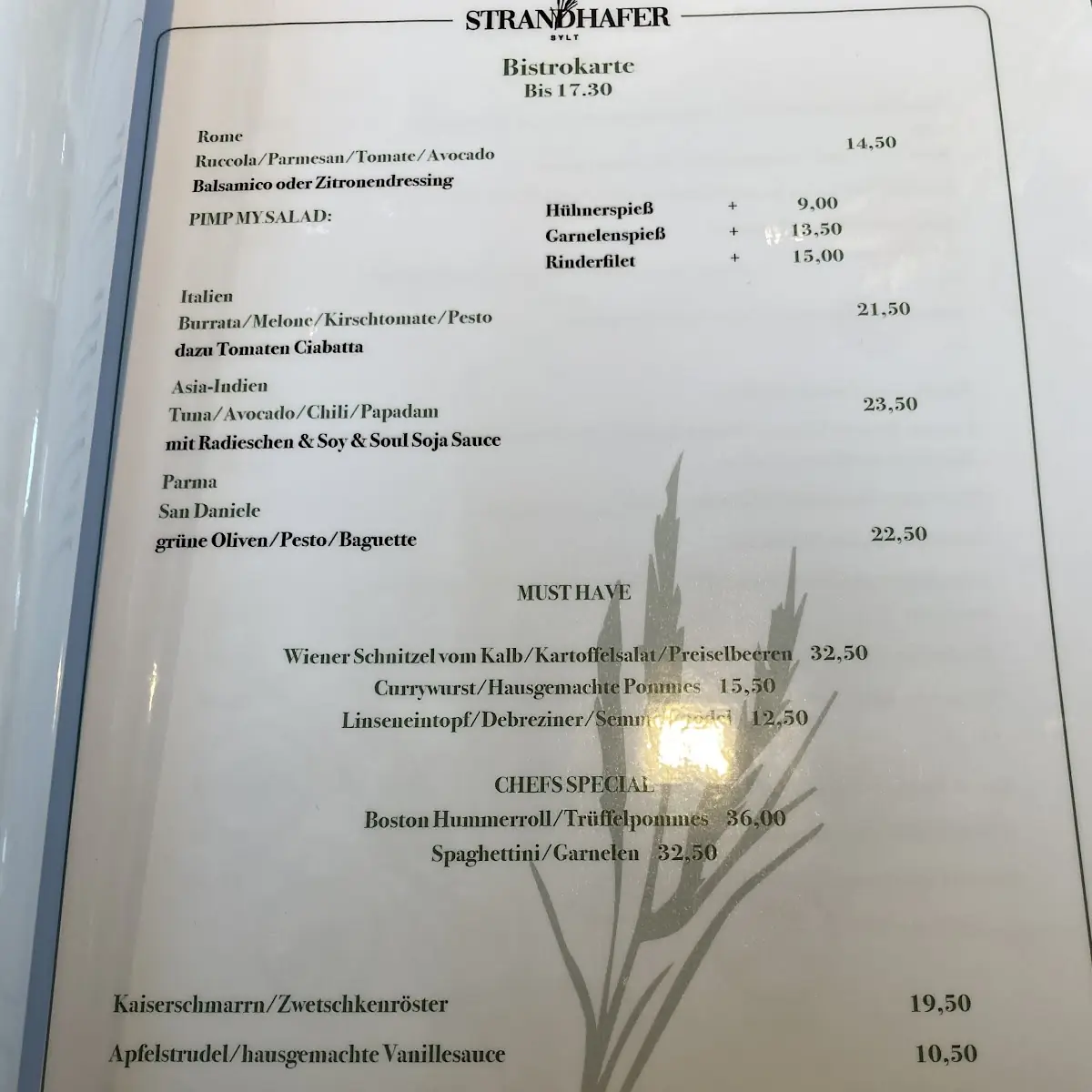 Speisekarte, Strandhafer Sylt