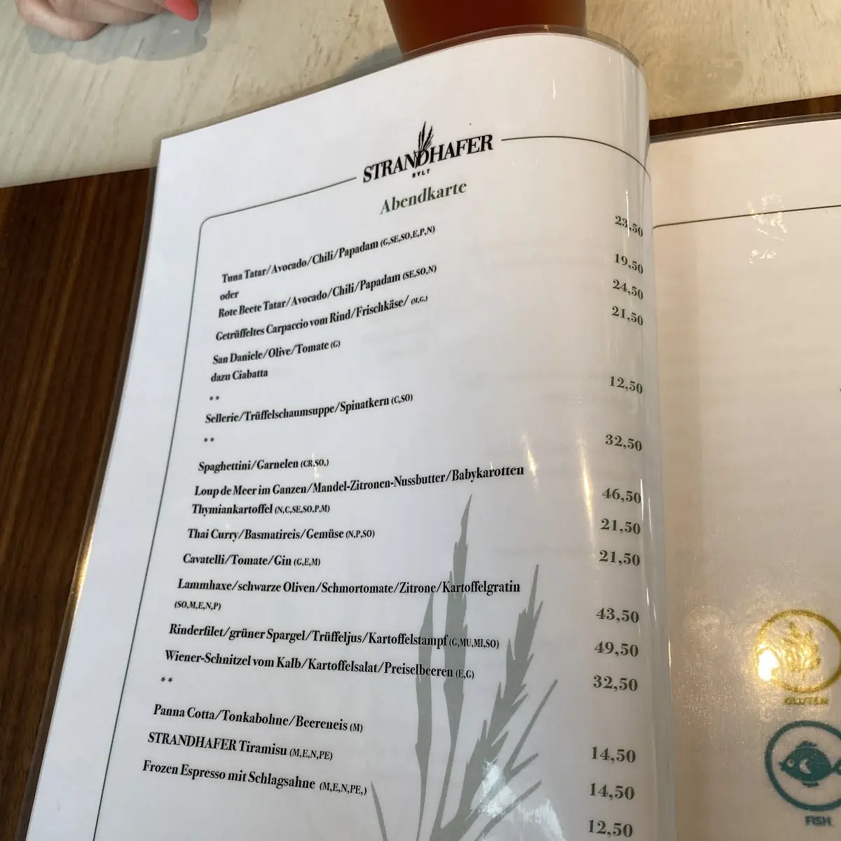 Speisekarte, Strandhafer Sylt