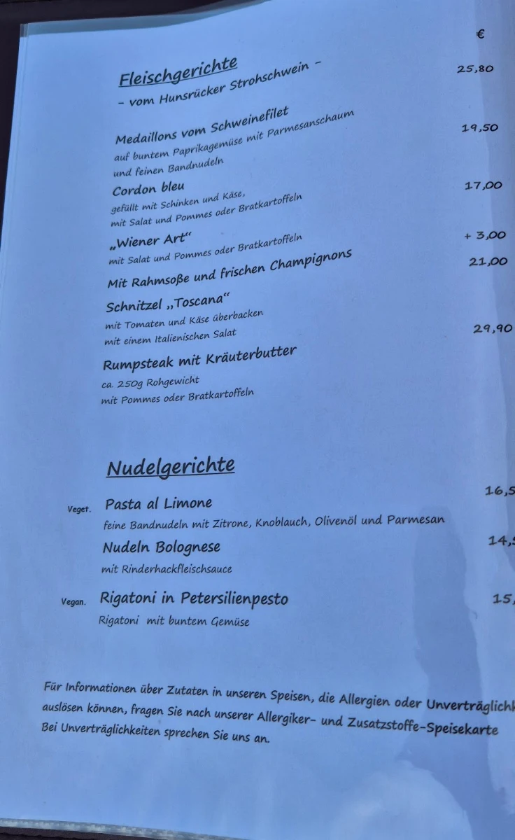 Speisekarte, Gaststätte Römerstube